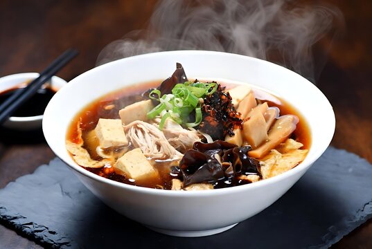 Premium Chinese Hot and Sour Soup with Tofu Mushrooms and Chili Oil Garnish