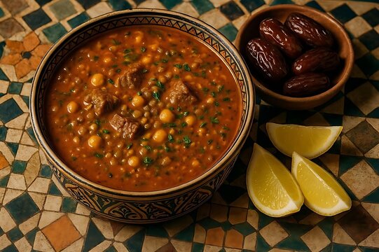 Traditional Moroccan Harira Soup with Chickpeas Lentils and Dates on Mosaic Table