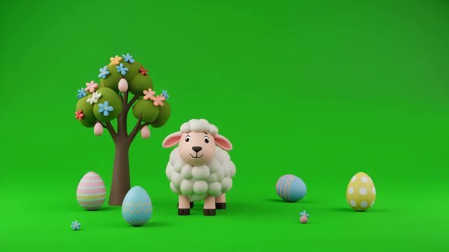 Cute Sheep standing with colorful eggs and a tree on a green screen background