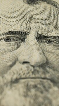 Detailed shot of 50 dollar bills featuring portrait of Ulysses Grant. Bank-issued paper money circulating as part of national monetary system ensuring liquidity 