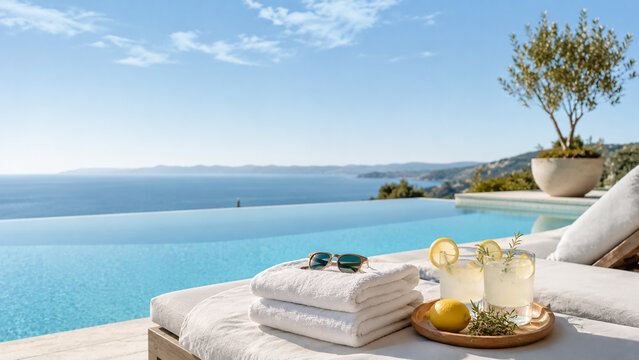 Luxurious poolside relaxation with refreshing drinks and stunning ocean views
