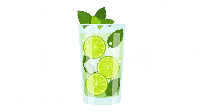A refreshing flat vector illustration of a chilled mojito cocktail drink featuring sliced lime wedges, fresh mint leaves, and ice cubes in a tall glass vessel