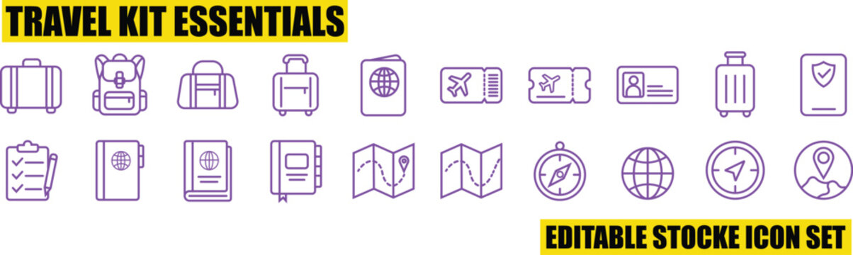 Purple travel kit essentials collection featuring luggage, passport, tickets, maps, and navigation tools in a clean linear style
