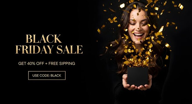 Black friday sale promotion with woman opening gift box and confetti