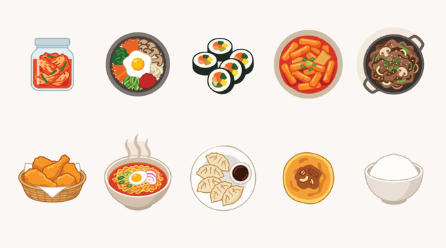 Colorful set of delicious traditional korean food icons featuring bibimbap kimchi ramen dumplings and various other authentic tasty dishes