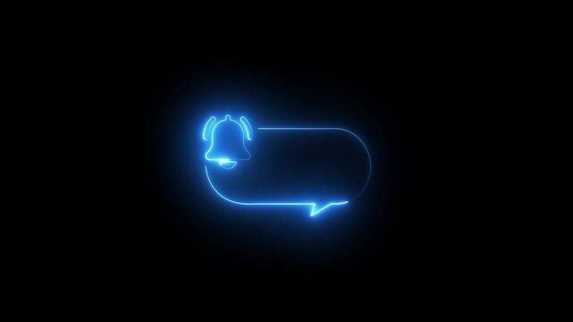 Blue neon glowing notification bell with speech bubble frame on dark black background for alert reminder and smart chat communication concept