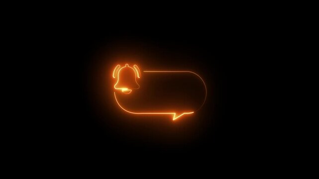 Orange neon glowing notification bell with speech bubble frame on dark black background for alert reminder and smart chat communication concept
