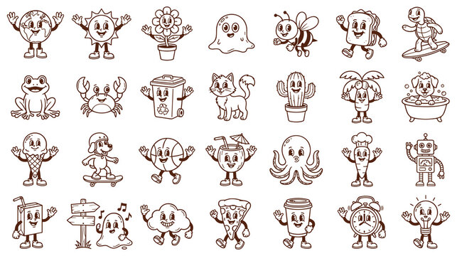 Funny cartoon characters doodle set for design.