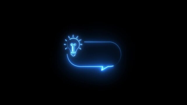 Cyan neon glowing light bulb with speech bubble frame on dark black background for creative idea and smart communication concept
