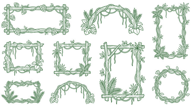 Jungle vine frame with leaves and branches borders nature.