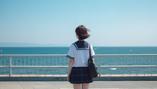 海辺の遊歩道で水平線を眺める日本人女子学生
