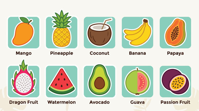 Colorful flat vector illustration collection featuring ten delicious tropical fruits with their names displayed in simple modern square icons below