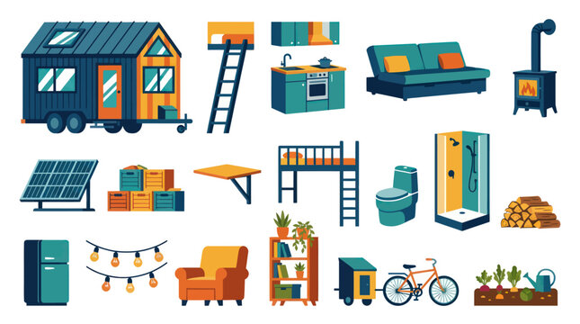 Tiny House Sustainable Living Flat Design Elements Collection. Eco-Friendly Home Accessories Vector Set.