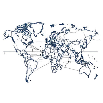 A world map outline in dark blue on white. Lines connect countries; some are shaded