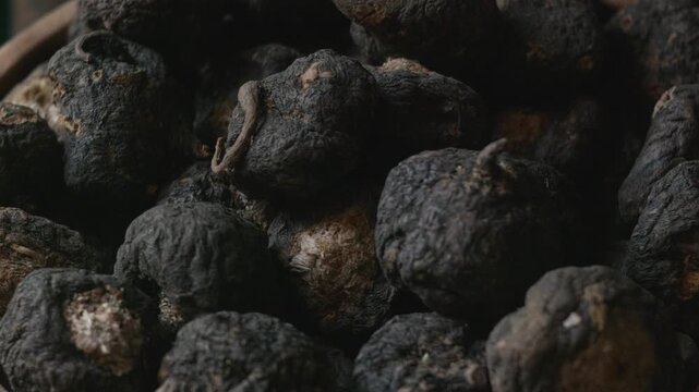 Close-up of a bowl with Peruvian black maca, a very nutritious tuber.