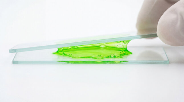 Microscope slide compressing green liquid sample for laboratory analysis