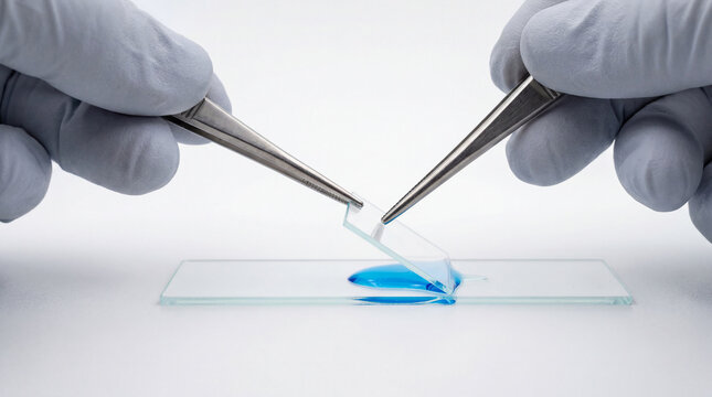 Laboratory technician positioning microscope cover slip over blue sample on glass slide
