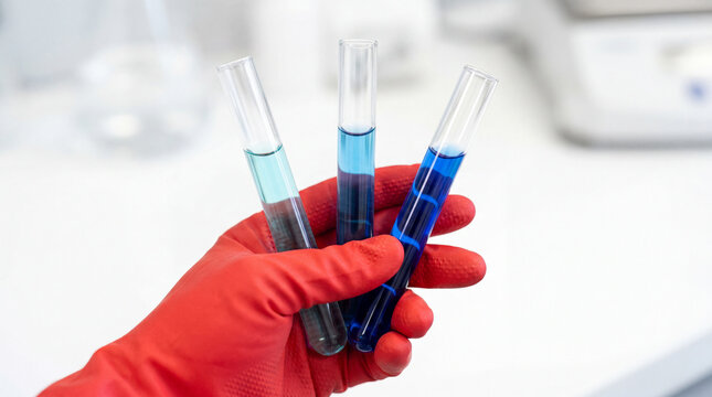 Three laboratory test tubes containing blue liquid samples for scientific analysis