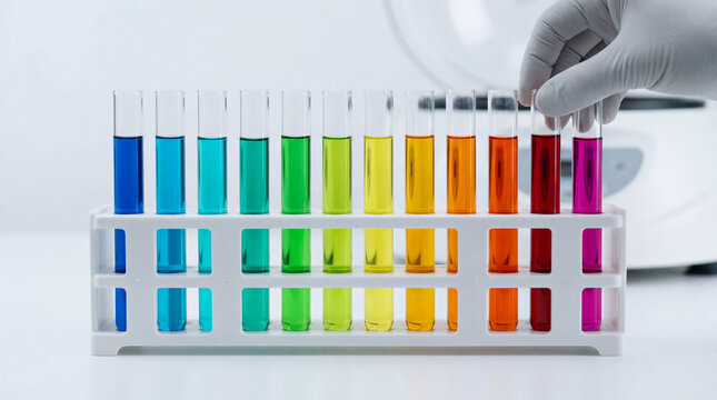 Color gradient test tubes arranged for comparative laboratory analysis