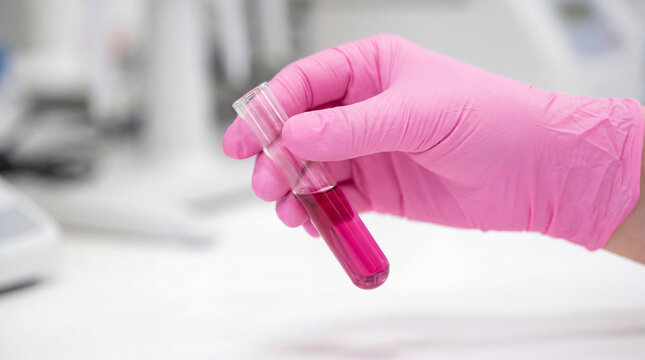 Laboratory technician holding a test tube with magenta chemical solution