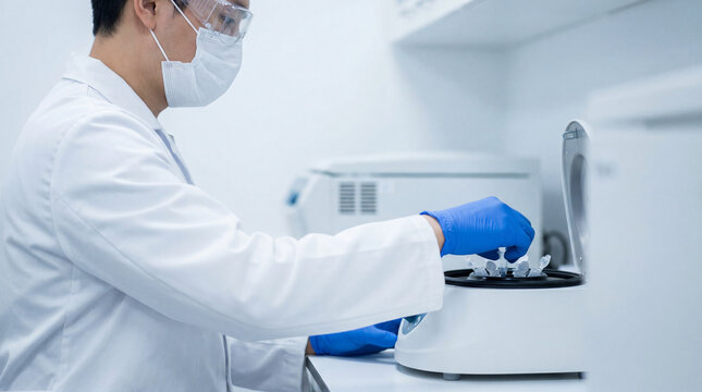 Laboratory technician loading microcentrifuge tubes into benchtop centrifuge for sample processing