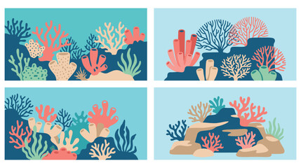 Set of four underwater coral reef landscape background. © GW