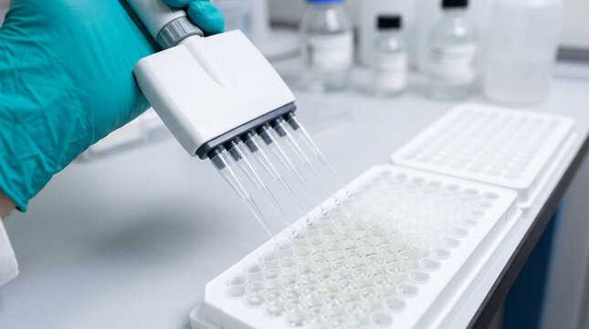 Multichannel pipette dispensing samples into microplate for laboratory testing