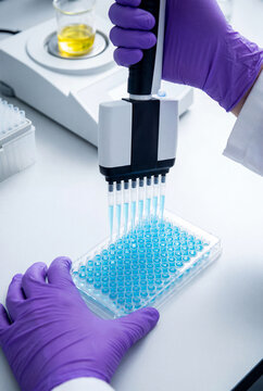 Laboratory technician using multichannel pipette for microplate sample preparation
