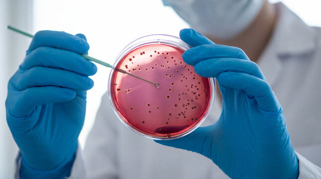 Laboratory technician examining bacterial colonies in petri dish with inoculation loop
