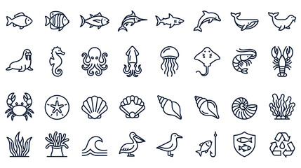 Ocean life flat icons marine creatures and sea elements. © GW