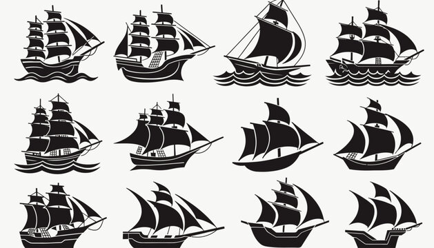 Collection of vintage sailing ship illustrations in black and white.