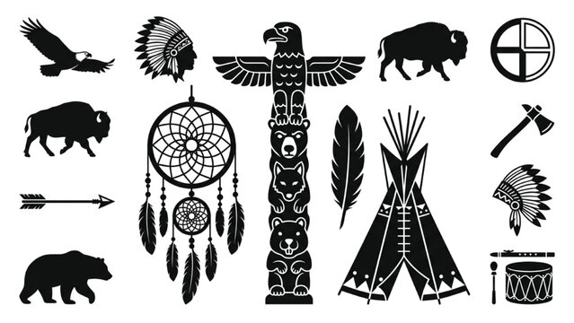 Native American spirituality vector silhouette icon sheet with flat black dreamcatcher totem pole eagle feather teepee shapes white background