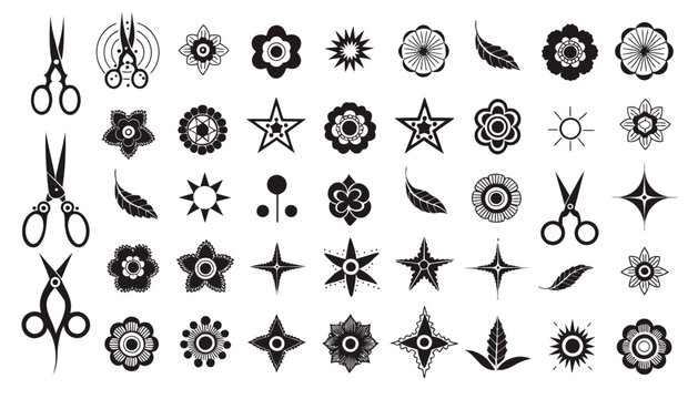 Black and white decorative icons of flowers, stars, and scissors.