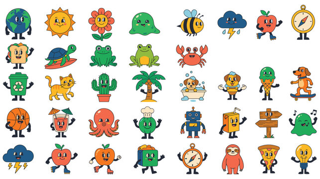 Retro cartoon characters and objects on white background.