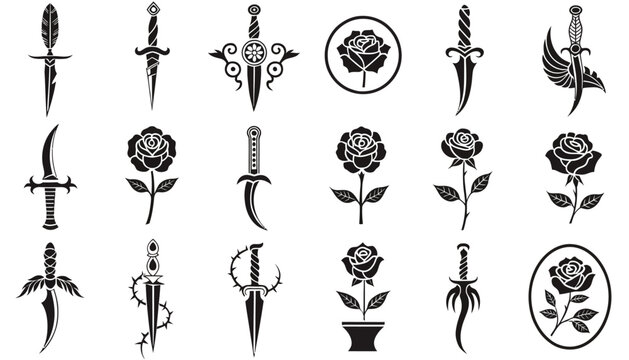 Collection of vintage daggers and roses in black and white illustration.