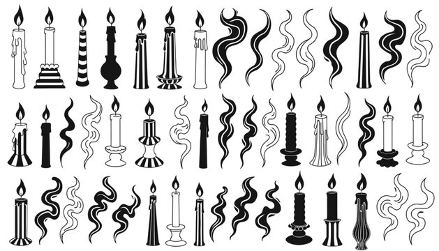 Black and white collection of candles with flames and smoke illustrations.