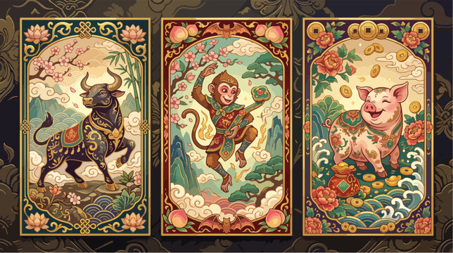 Three ornate rectangular panels featuring the ox monkey and pig from the traditional chinese zodiac in vibrant artistic colorful illustrations
