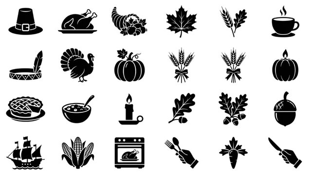 Traditional Thanksgiving vector silhouette icon sheet with clean black pilgrim hat turkey cornucopia autumn leaf shapes white background grid