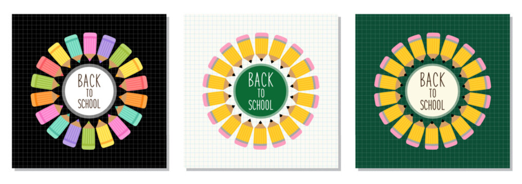 Back to School Pencil Wreath Illustration Set with Classroom Chalkboard Background
