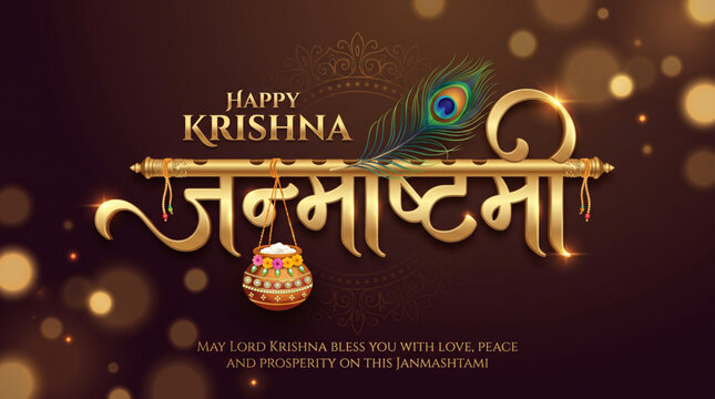 Happy Krishna Janmashtami Hindi Typography with Peacock Feather Flute and Butter Pot Festival Greeting Design