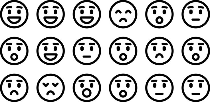 Emoji and Emoticon Line Icon Set with Happy, Sad, Surprised, Angry, Confused, Neutral, and Various Facial Expression Symbols for Social Media and Chat App Designs