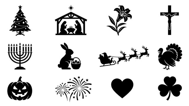 American holiday traditions vector silhouette icon sheet with sharp black Christmas tree nativity scene Easter lily crucifix shapes on white