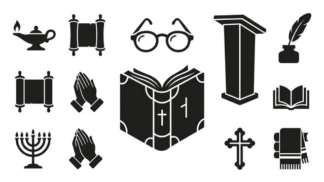 Religious text study vector silhouette icon sheet with flat black open holy book reading glasses podium inkwell quill shapes on solid white