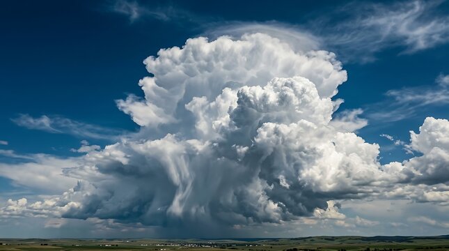 Massive thunderhead cloud tower with rain falling over the plains