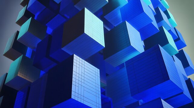 Modern Abstract Geometric Blue Cube Cityscape Digital Artwork Design