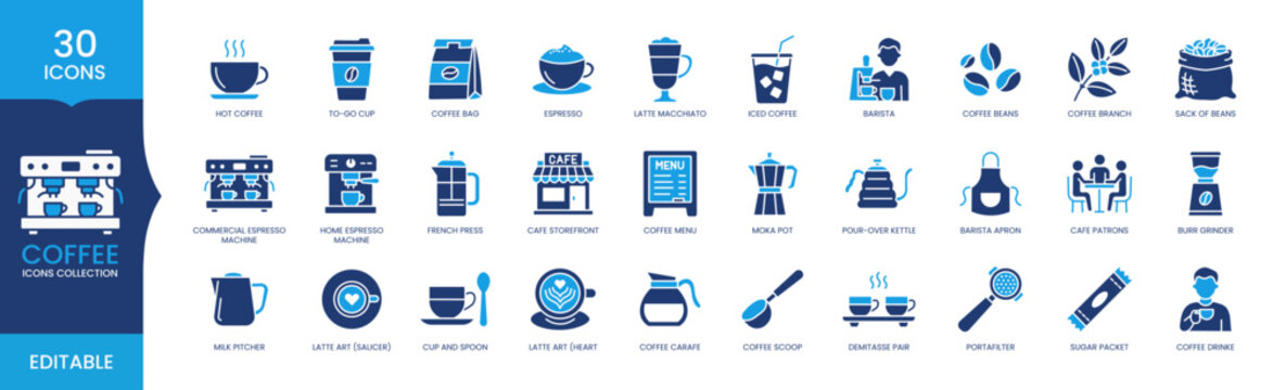 Coffee Icons Collection Set, Cafe Beverage Symbols, Coffee Shop, Barista Tools, Espresso Equipment, Brewing Vector Icons