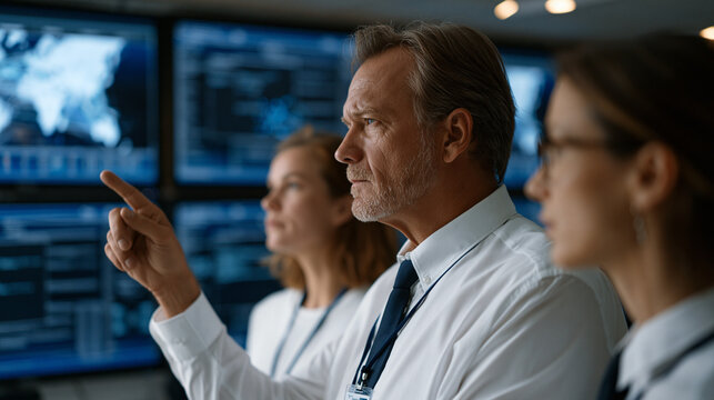 Cybersecurity analysts in government operations center monitoring wall of screens displaying network intrusion alerts and encrypted traffic maps, badge lanyards visible as team