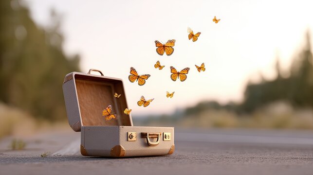 Vintage suitcase opening with colorful butterflies flying out, standing on an empty road, golden hour light, ultra realistic, symbolic travel freedom,