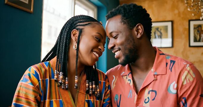 A happy Black couple with braided hair and patterned shirts smiling and touching foreheads intimately indoors.