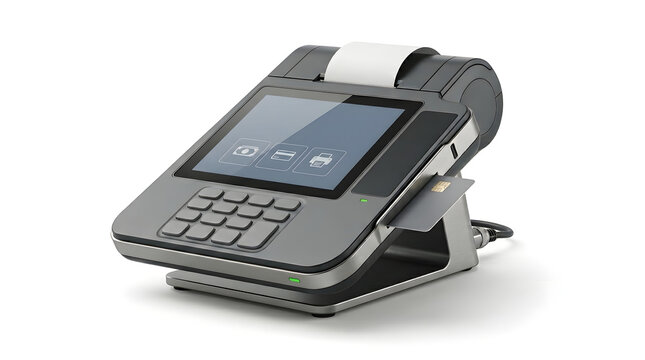 Modern credit card terminal and point of sale payment machine for retail business transactions on white background